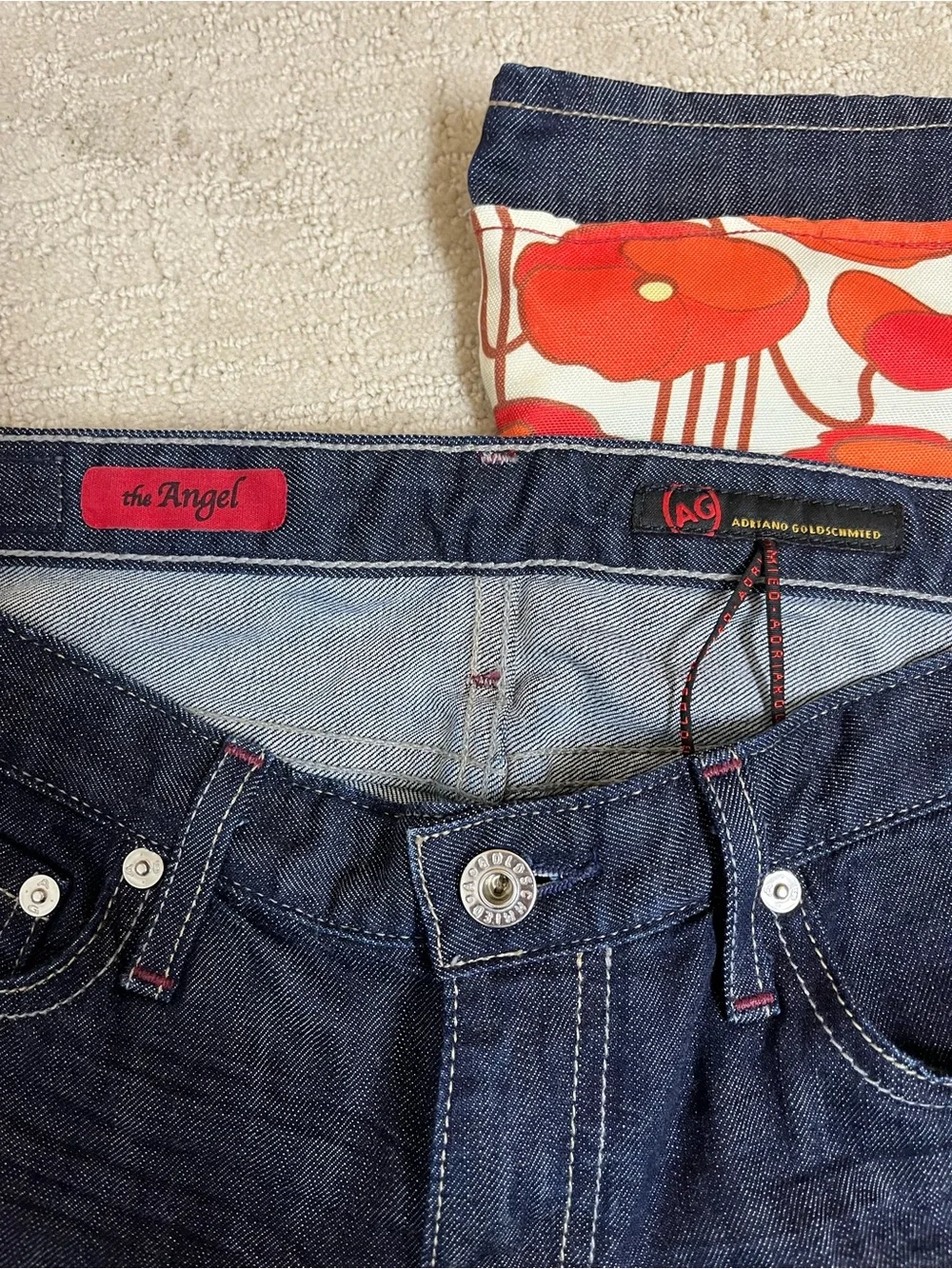 AG Adriano Goldschmied the Angel Dark Blue Jeans with Red Floral Cuffs, 28R